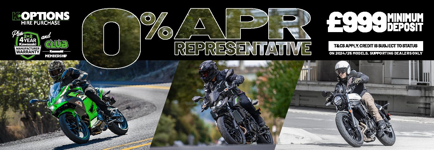 Enjoy 0% APR on HP and 5.9% PCP APR Representative on a wide range of Kawasaki machines!